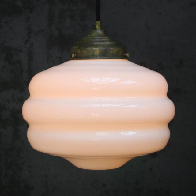 Vintage White Reeded Opaline Glass and Brass Pendant Lamp For Sale - Image 4 of 7