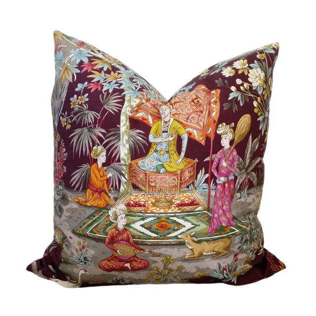 A colorful South Asian Chinoiserie pillow cover with a large delightful scene. So many colors to work with in this print:...