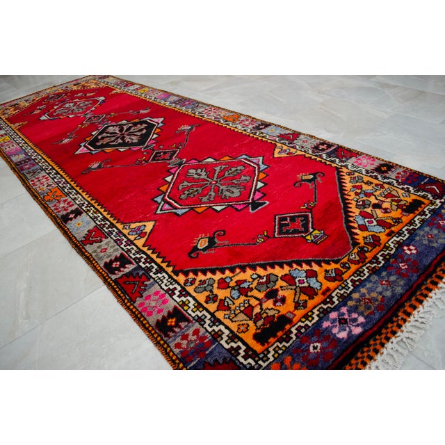 Red 1950s Hand Knotted Turkish Rug for Hallway, Runner Rug, Bed Side Accent, Kitchen Rug - 3′8″ X 10′5″ For Sale - Image 8 of 17
