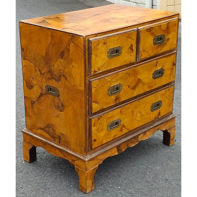 Mid 20th Century Mid 20th Century Burl Olivewood Italian Campaign Style Petite Four-Drawer Chest For Sale - Image 5 of 11