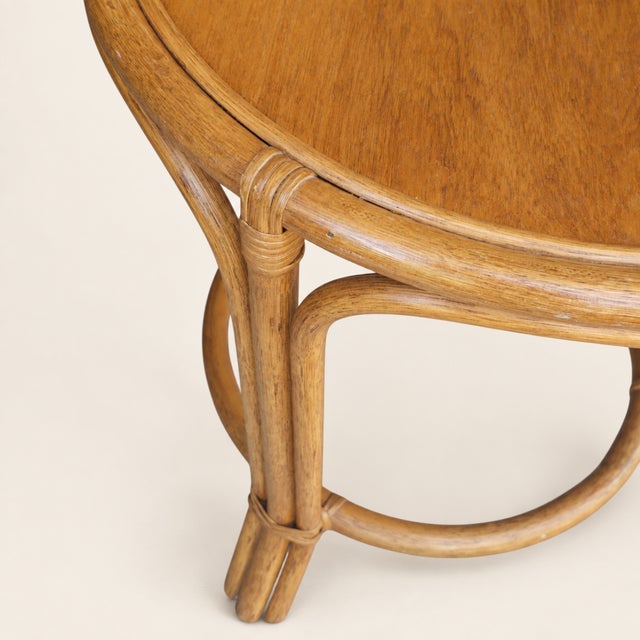 Late 20th Century Bamboo and Rattan Round Side Table With Inset Wood Top For Sale - Image 4 of 7