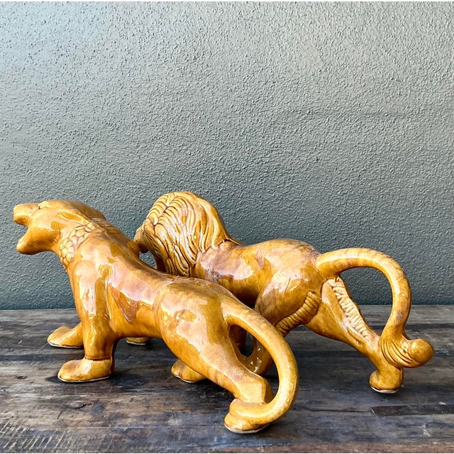 Ceramic Vintage Boho Glazed Ceramic Lions - Set of 2 For Sale - Image 7 of 7