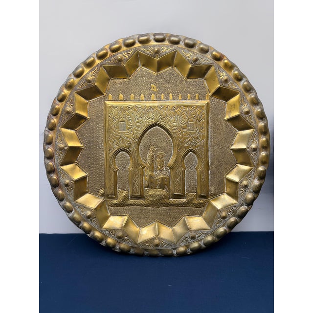 Vintage Pair of Hollywood Regency Moroccan Repoussé Brass Architectural Wall Chargers For Sale In Houston - Image 6 of 8