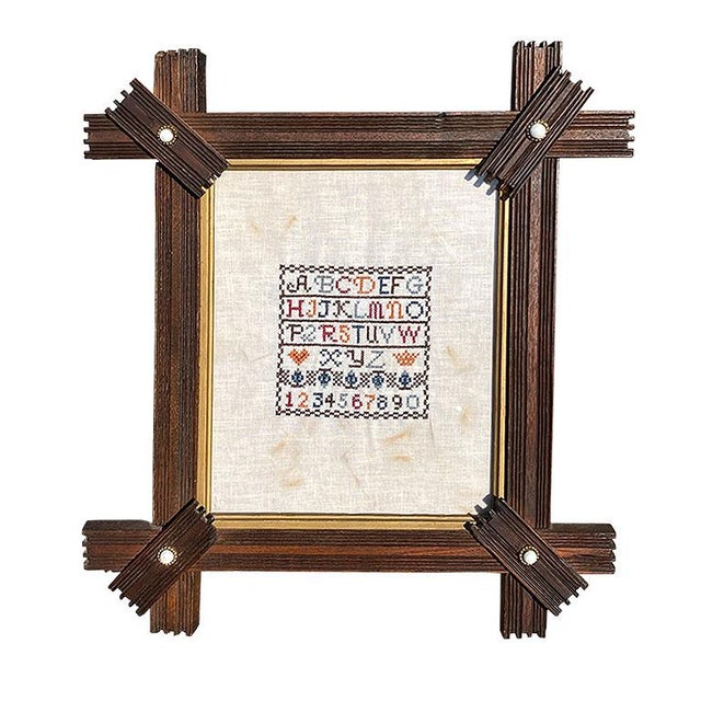 Early 20th Century Tramp Art Antique Embroidered Needlepoint Sampler in Gothic Starburst Frame & Stone Beads For Sale - Image 5 of 5