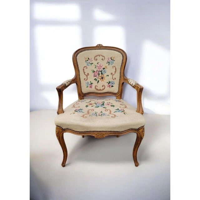 Queen Anne Victorian Carved Walnut Armchair with Floral Upholstery, 1920s For Sale - Image 10 of 10