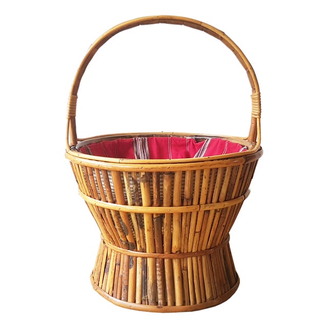Mid-Century Italian Work Knitting Basket in Rattan and Rush, 1960s For Sale