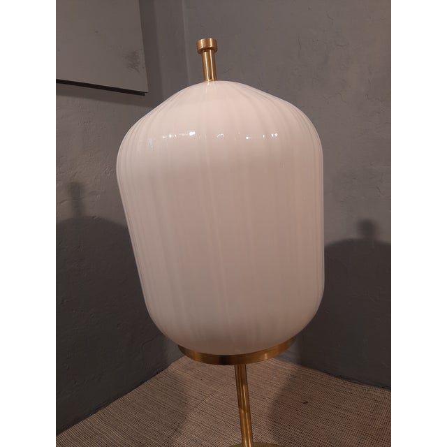 Satin Brass & Large Ribbed Milky Glass Floor Lamp For Sale - Image 10 of 17