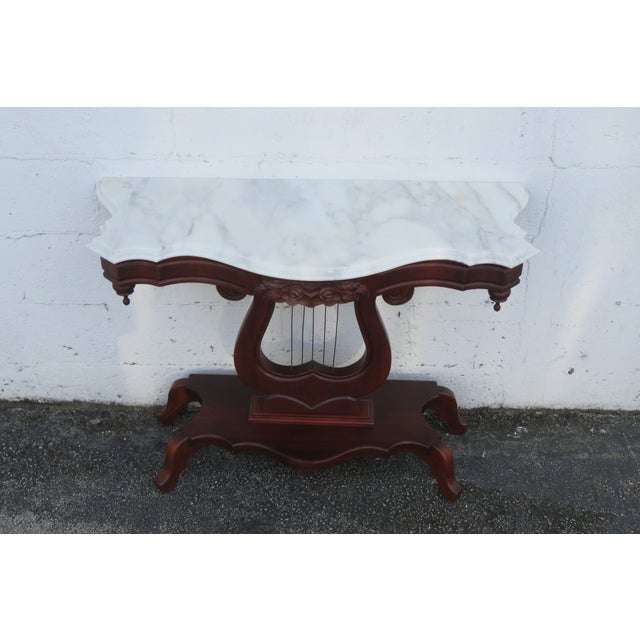 Victorian Mid 20th Century Victorian Style Marble Top Harp Design Console Entry Table For Sale - Image 3 of 17