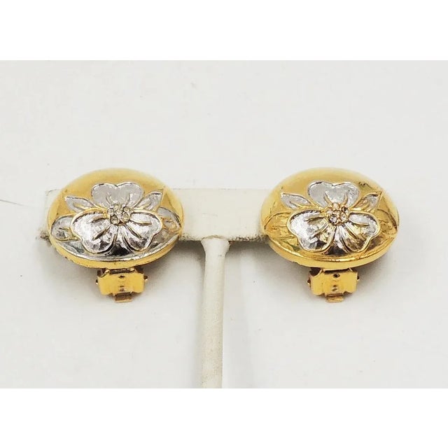 Metal Vintage 1980s Valentino Goldtone & Rhodium Plate Rhinestone Flower Clip Earrings - 2 Pieces For Sale - Image 7 of 9