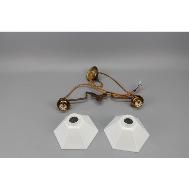 Art Nouveau Brass and White Glass Two-Light Pendant Chandelier, 1950s For Sale - Image 13 of 18