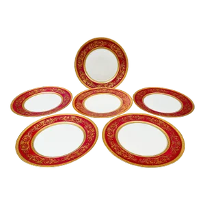 Mid 20th Century Puls Czech Fuchsia Gold Encrusted Porcelain Dinner Plates- Set of 6