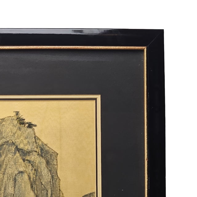 Wood Mid-Century East Asian Landscape on Moiré Silk With Pagoda 24.5" For Sale - Image 7 of 11