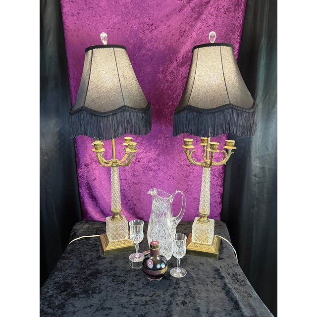 Transparent Mid 20th Century Hollywood Regency Crystal & Brass Four‑Arm Candelabra Lamps With Black Fringe Shades — A Dramatic Pair For Sale - Image 8 of 12