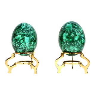 Malachite Eggs on Brass Stand Set of 2 For Sale
