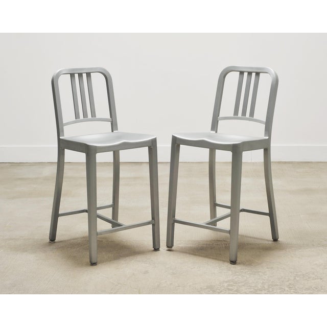 Pair of Emeco 'Navy' Bar Counter Stools in Brushed Aluminum For Sale - Image 10 of 17