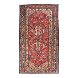 Antique Persian Malayer Rug With Geometric Medallions in Red and Blue 4'10 X 9'0