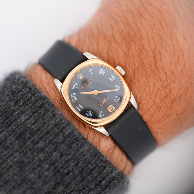 Vintage Rolex Cellini Danaos ladies quartz watch in 18K rose gold, reference 6229, featuring a cushion-shaped case with a...