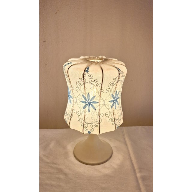 Vintage Table Lamp with Cream-White Plastic Base and White-Blue Fabric Shade, 1970s For Sale - Image 3 of 7
