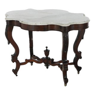 Antique Victorian Carved Walnut & Beveled Marble Turtle Top Table 1890s For Sale