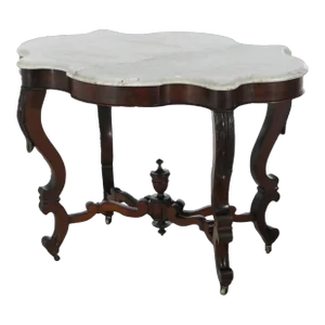 Antique Victorian Carved Walnut & Beveled Marble Turtle Top Table 1890s