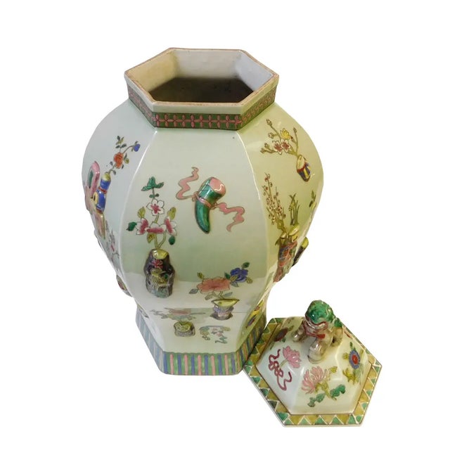 2010s Light Green Hexagonal Porcelain Jar For Sale - Image 5 of 7