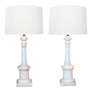 Pair 1950s White Marble Columnar Lamps in the Neoclassical Taste For Sale