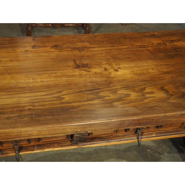 Wood A 1900s Spanish Library Table Desk With Iron Stretchers, Shallow Frieze Drawers For Sale - Image 7 of 18