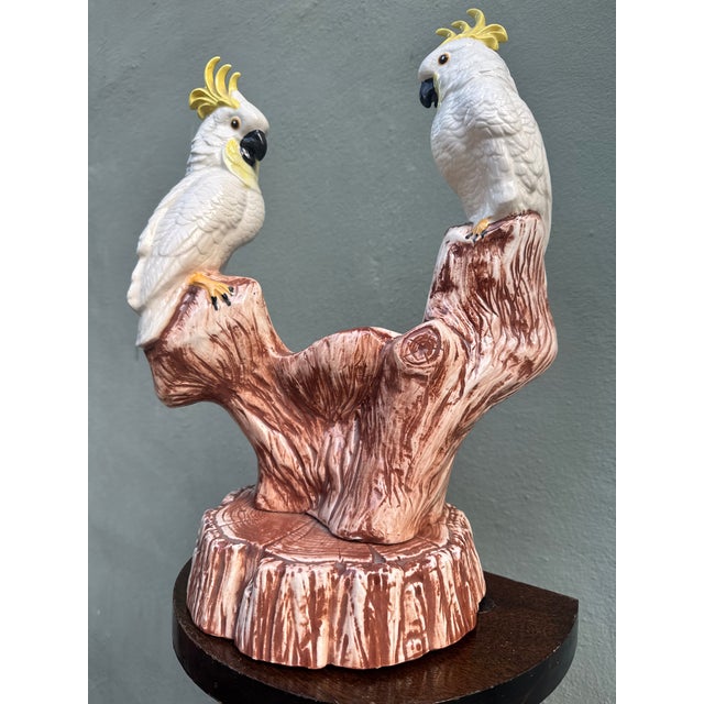 Vintage Italian Majolica Ceramic Cockatoo Planter on a Branch Stump For Sale In Miami - Image 6 of 9