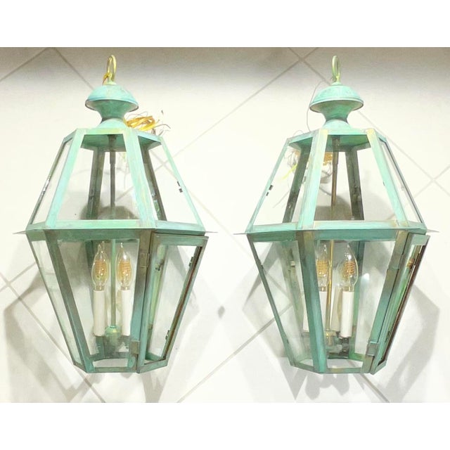 Exquisite Pair of Vintage Solid Brass Hexagonal Hanging Lanterns - 24” X 16” For Sale - Image 13 of 16