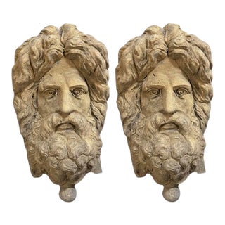 Pair of Vintage English Cast Stone Neoclassical Bearded Deity Wall Pocket For Sale