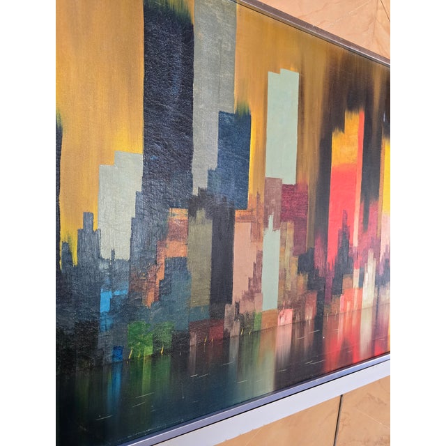 1970s Vintage Mid Century Modern Abstract Painting Cityscape For Sale - Image 5 of 10