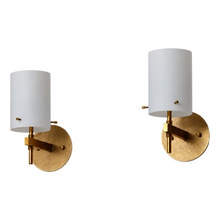 Italian Brass Wall Sconces with Cylindrical Opaline Glass Shades, 1950s, Set of 2 For Sale