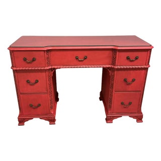 Asian Writing Desk Painted Red Brass Hardware Rope Turn Trim Glass Top 7 Drawers For Sale