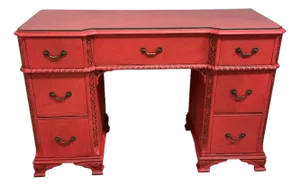 Asian Writing Desk Painted Red Brass Hardware Rope Turn Trim Glass Top 7 Drawers