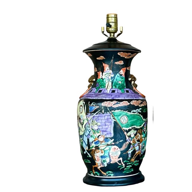Vintage Chinoiserie Hand-Painted Ceramic Figural Table Lamps – A Pair For Sale - Image 4 of 12