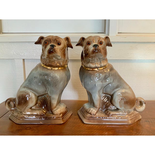 19th Century Antique Pair of Bo’Ness Pug Dog Figurines - Staffordshire Style Scottish Pottery With Glass Eyes & Gilt Collars - 12” Tall For Sale In New Orleans - Image 6 of 10