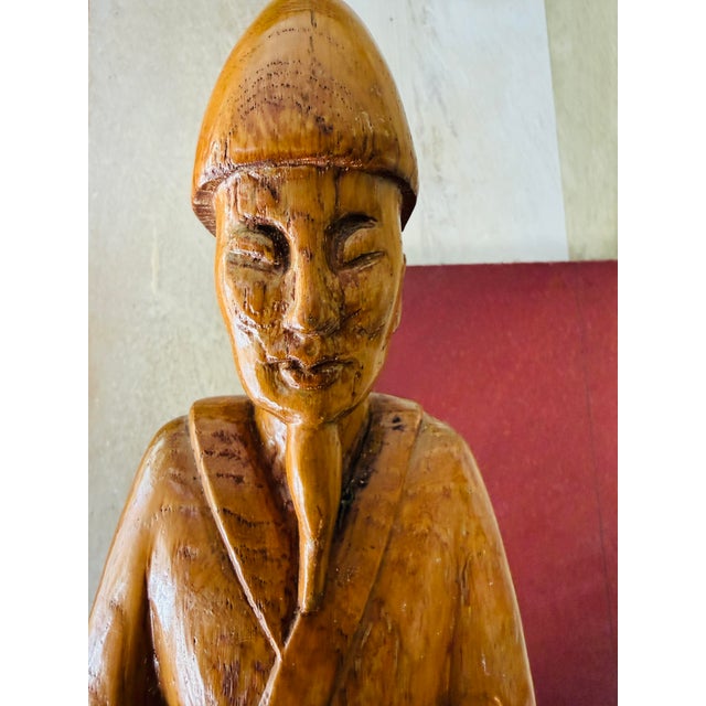 Vintage Hand Carved Wooden Scholar Figure Asian Decorative Sculpture Mid Century For Sale - Image 10 of 12