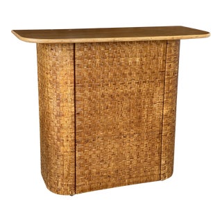 Restored Vintage Coastal Wicker Weave Wood Top Dry Bar For Sale