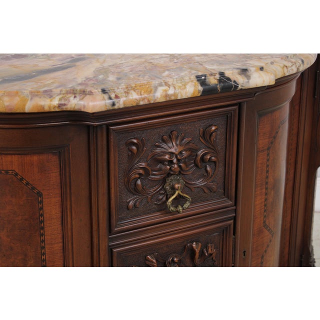 Vintage Louis XV Style Carved Inlaid Commode Server W. Marble Top For Sale - Image 12 of 18