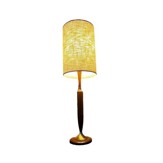 Mid-Century Modern Vintage 1960’s Mid-Century Modern Danish Teak Drum Shade Table Lamp With Brass Accents For Sale - Image 3 of 8