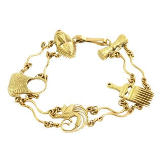 Vintage Charm Bracelet 18k Yellow Gold 5 Curled Wire Link For Sale