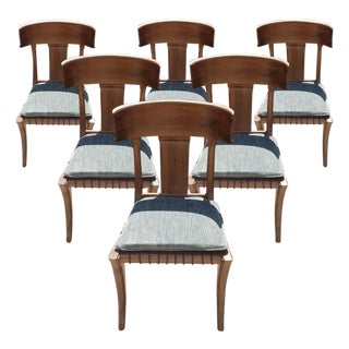 1980s Vintage Klismos Style Solid Walnut Dining Chairs - Set of 6 For Sale