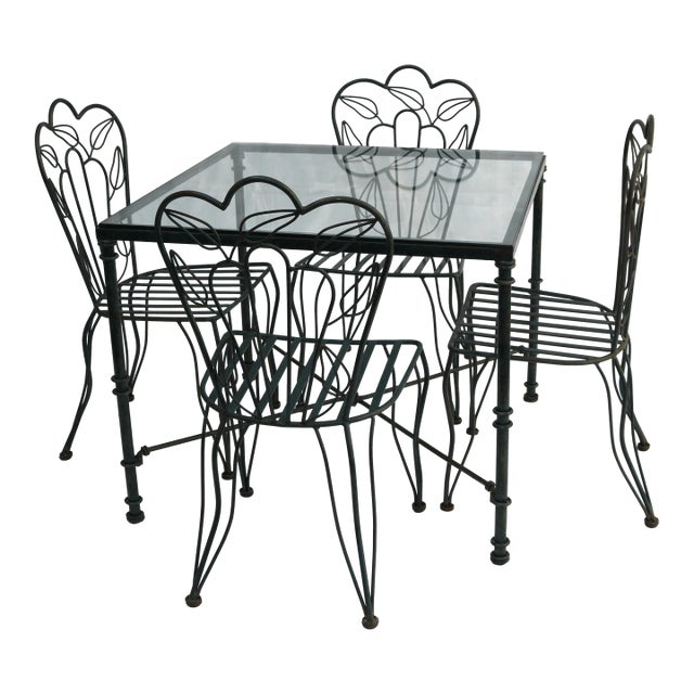 Late 20th Century Iron Patio Dining Set With Square Table and 4 Chairs Attributed to Frontgate For Sale