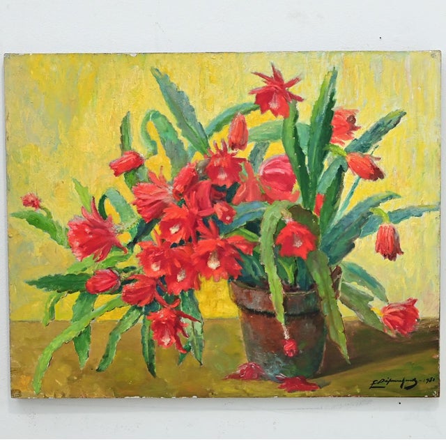This large oil painting of a potted Christmas cactus against a yellow-green background is the perfect piece to brighten up...