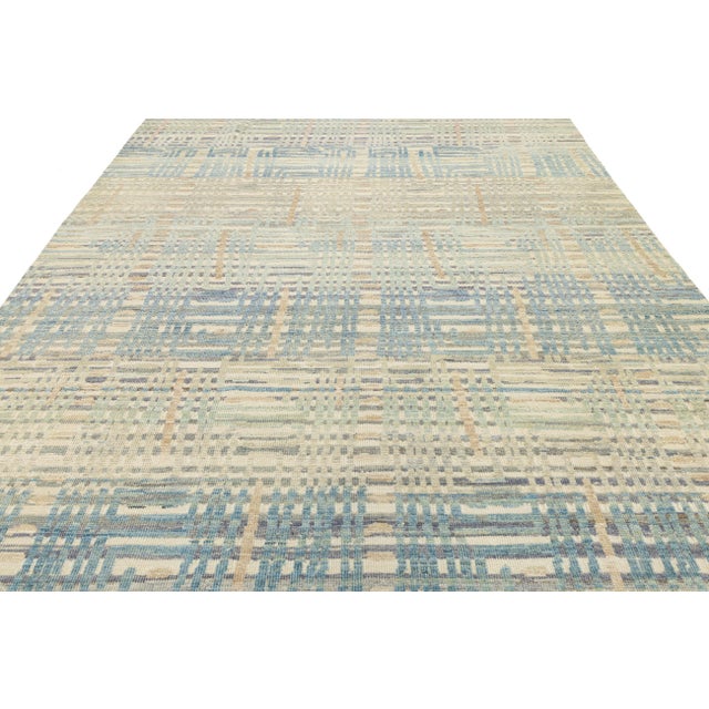 Blue Modern Abstract Plaid Wool Area Rug – Coastal Blue & Sage Green 9x12 For Sale - Image 8 of 11