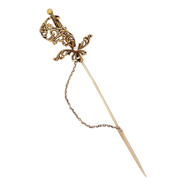Antique 14k Victorian Sword Jabot Pin, Old European Cut Diamond For Sale