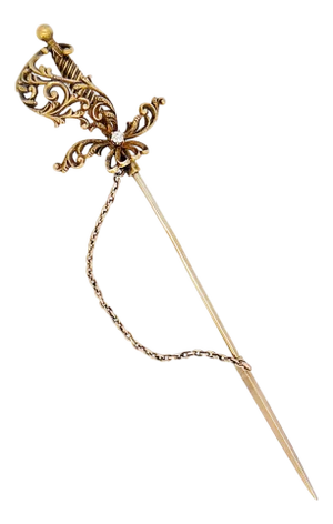 Antique 14k Victorian Sword Jabot Pin, Old European Cut Diamond