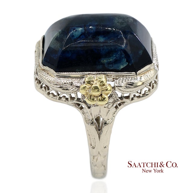 Metal 14k Two Tone Yellow and White Gold Blue Stone Ornate Floral Motif Ring, Size 5.25 For Sale - Image 7 of 13