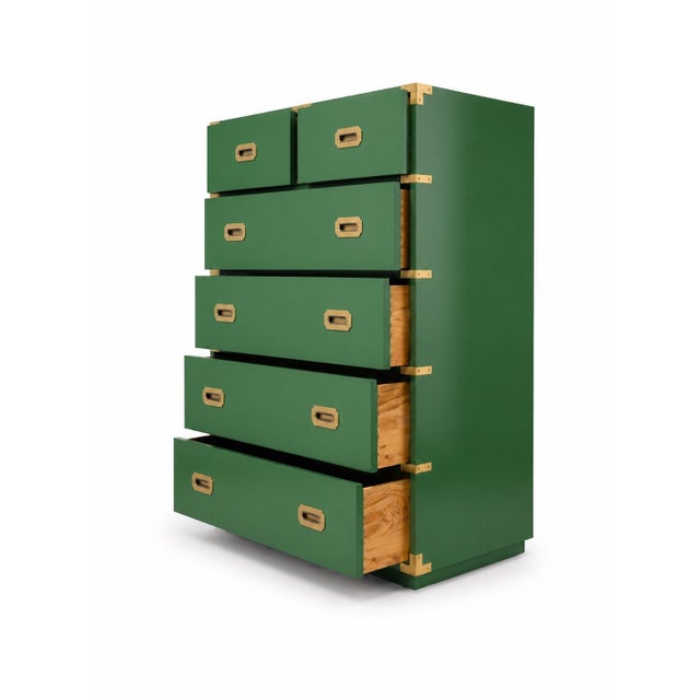 Campaign Vintage Bernhardt Campaign Dresser Reimagined in Emerald For Sale - Image 3 of 5