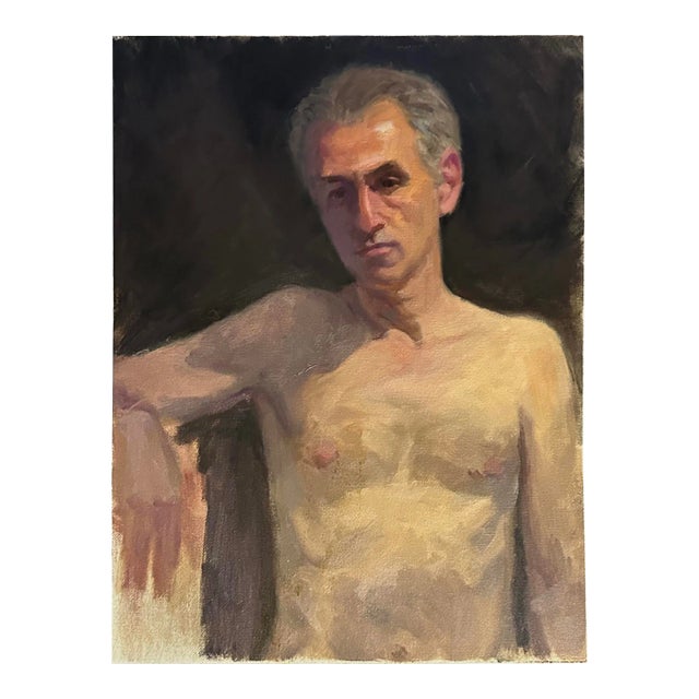 Vintage Realist Chiaroscuro Figurative Portrait of Male Sitter (Oil on Canvas Paper) For Sale